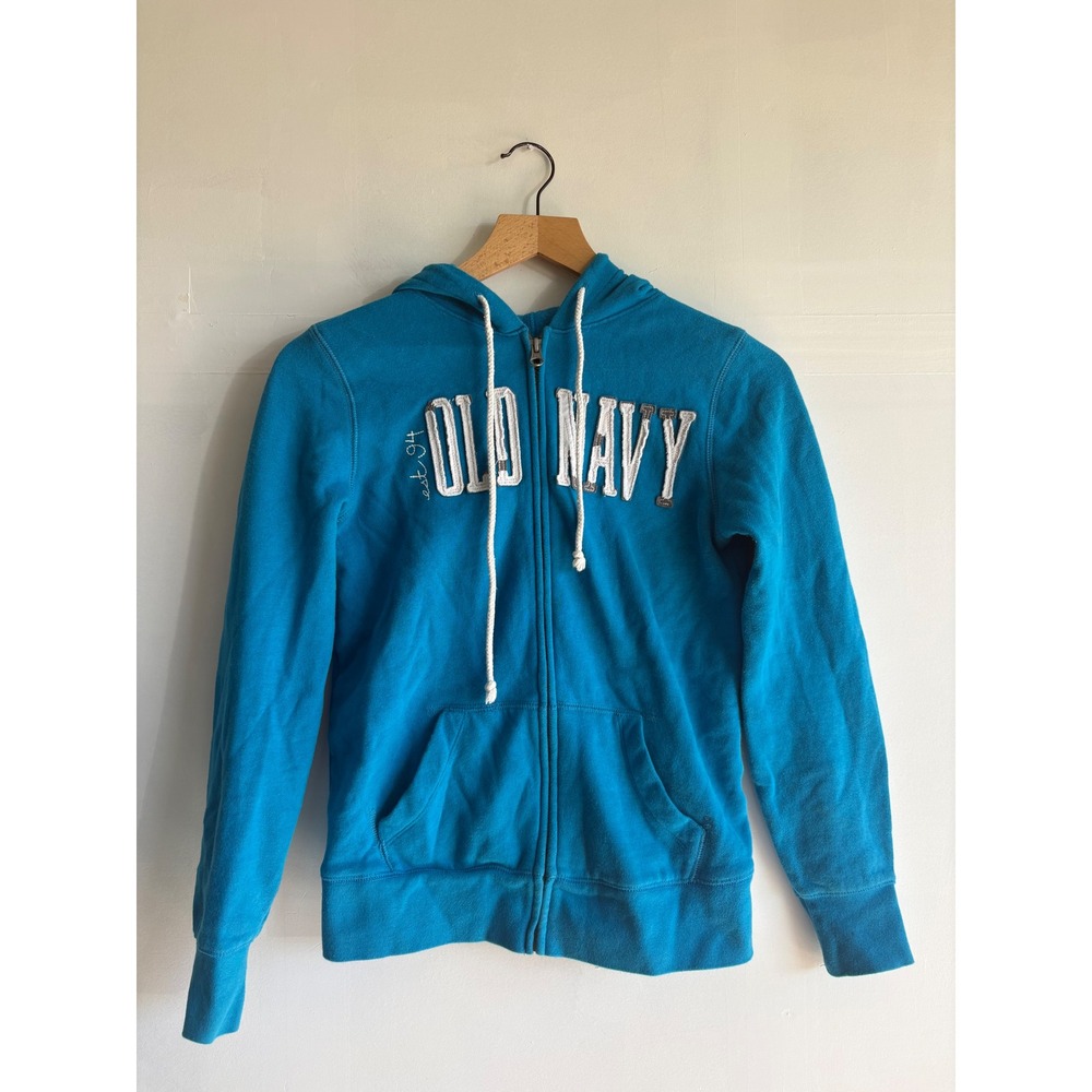 Old Navy Y2K Turquoise Gorpcore full Zip Logo Hoodie Sweatshirt XS Indie Sleeze
